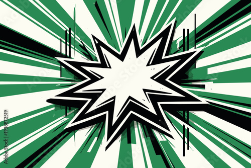Black and white comic-style impact star in the center with layered cut-out effect, surrounded by alternating green and white radiating stripes creating
