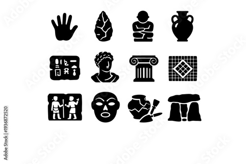 Ancient art. Solid icon set of Ancient art: cave handprint, stone tool carving, ancient statue, pottery vase, hieroglyph tablet, classical bust, temple column,