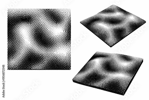 Decorative dot pattern sample represented as one standalone surface object shown in straight-on view, rotated view, and three-quarter perspective for