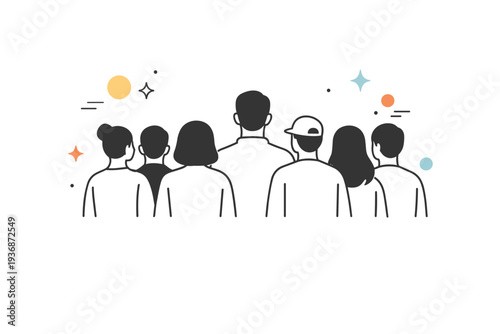 Group silhouettes without faces. A small crowd of people seen from behind, reduced to clean shapes and outlines. Neutral collective presence, quiet anonymity,