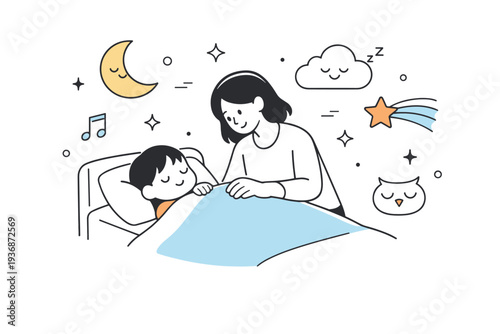 Parenting. Bedtime routine with parent tucking in a child, soft symbols of night and calm floating around, sense of comfort and security. Minimalist flat