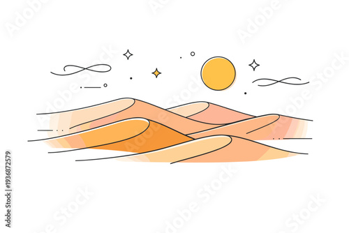 Desert dunes with sunset shadows. Rolling sand dunes cast long, soft shadows with floating abstract lines and stars emphasizing calm, depth, and perspective.