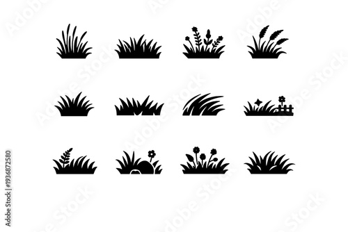 Wild Grass. Solid icon set of wild grass: tall meadow grass, overgrown grass, field weeds, prairie grass, natural grass clump, uneven grass, windy grass,