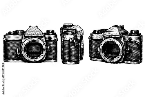 Halftone film camera body A single film camera body shown in three views including front view, side view, and three-quarter view. Black and white dot style