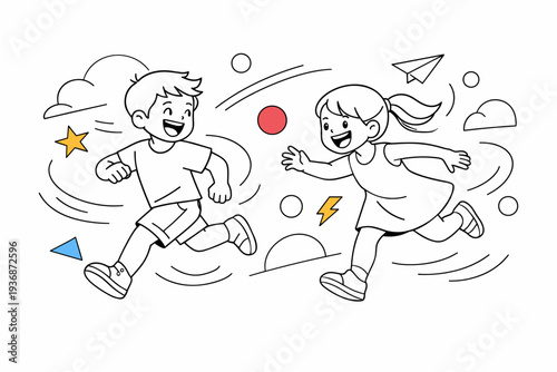 Playful siblings. Kids chasing each other with lighthearted energy, abstract shapes and motion curves around them. Joyful chaos, laughter, and shared childhood