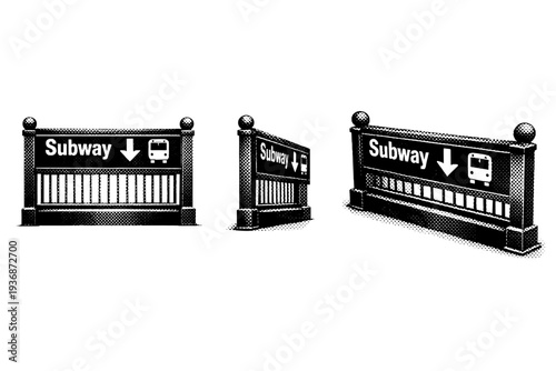 Subway entrance stairhead sign integrated with railing top panel, shown as a single realistic stair entrance sign presented in three views including frontal,
