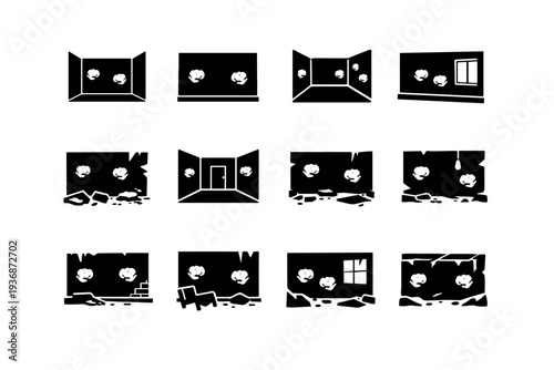 Walls with fists dents. Solid icon set of Walls with fists dents: room interior, empty room wall, hallway wall, apartment interior, building