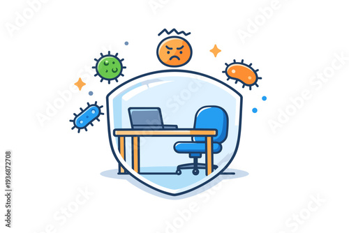 Hot desking hygiene anxiety shown through a shared office desk surrounded by floating bacteria icons and a protective shield, symbolizing invisible risks and