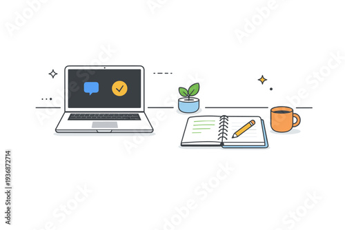 Minimal digital workspace. Clean desk with laptop, notebook, and very few digital elements, expressing simplicity and clarity. Editorial scene focused on