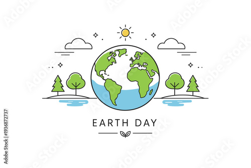 Earth Day nature balance. Minimal landscape with Earth as a central element, trees and clouds arranged symmetrically to suggest balance and care. Quiet,