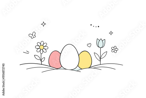 Minimal Easter atmosphere. Abstract editorial composition with simple egg silhouettes, flowers, and curved grass lines arranged with plenty of white space. The