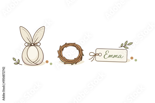 Minimal Easter table accents. Detail view of a linen-wrapped egg, a twig ring, and hand-lettered name tags placed neatly at each setting. Clean holiday