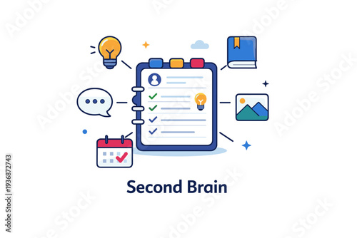 Second brain concept visualized through a central notebook or app interface supported by small idea icons symbolizing captured thoughts and external memory.