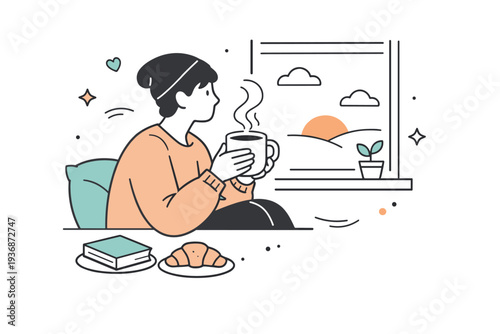 Cozy coffee ritual at home. A calm editorial scene with a person holding a warm coffee mug by the window, expressing comfort and slow morning routine. Steam