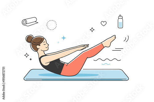 Pilates workout at home. A person performing a controlled Pilates exercise on a mat with calm posture and steady breathing. Focused movement, body awareness,