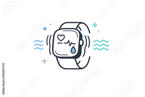 Bio-adaptive wearables icon. A simplified smartwatch icon adjusting its shape with small wave lines and biometric symbols, showing responsiveness to the human