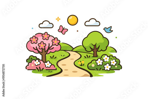 Casual walk in spring park simple path surrounded by fresh greenery and blossoms, reflecting slow living, clarity and seasonal joy. Minimalist flat vector