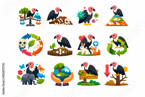 Vulture Ecology. Colorful flat vector icons set of vulture ecology: ecosystem balance, carcass cleanup, disease control, food chain, nutrient cycle, nature