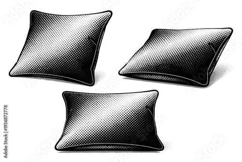 Cushion ? realistic decorative cushion with piped edges and defined seams. Black and white dot style with halftone texture and high contrast. Halftone texture