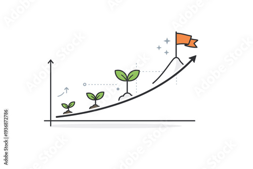 Startup growth tracking. Line chart with sprouting plant and goal flag icons rising upward, symbolizing early business traction and progress. Clean visual