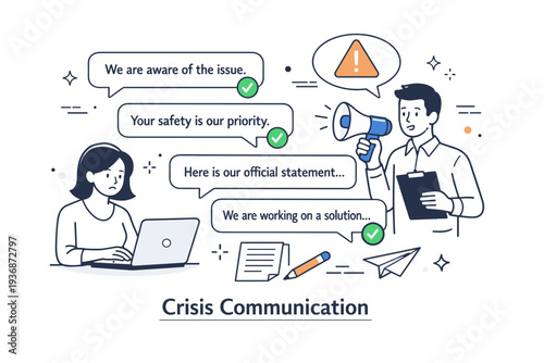 Crisis communication online. Draft messages, speech bubbles, and checkmarks arranged clearly. Transparent communication and careful wording under pressure.