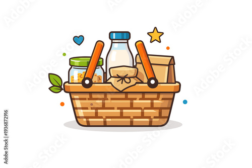 Plastic free shopping visualized by a simple basket containing glass jars and paper packaging, highlighting waste reduction and modern sustainable lifestyle.