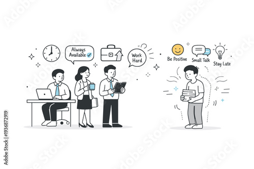 Unspoken workplace expectations. Employees following implicit rules shown as floating icons, one character carefully adapting, invisible pressure and