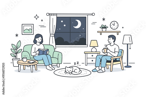Calm nighttime home atmosphere. A window shows the dark sky while the interior remains softly lit, furniture arranged with intention and space. The scene
