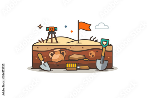 Excavating ancient ruins expressed through a calm dig site scene with simple tools and exposed layers of earth, suggesting methodical research and connection