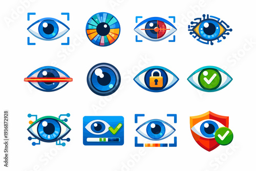 IrisScan. Colorful flat vector icons set of IrisScan: eye scan, iris pattern, retina scan, biometric eye, laser scan, security lens, access lock, identity