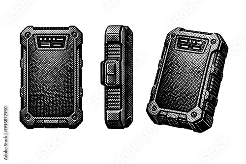 Power bank ? rugged outdoor power bank. A realistic rugged outdoor power bank represented as the same object in three views, emphasizing reinforced edges,