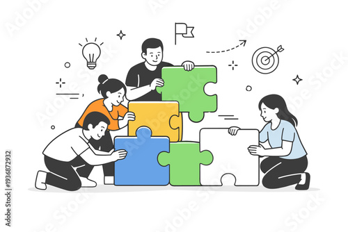 Problem-solving challenge. A team assembling puzzle pieces or blocks together, focused expressions and coordinated actions. The illustration highlights