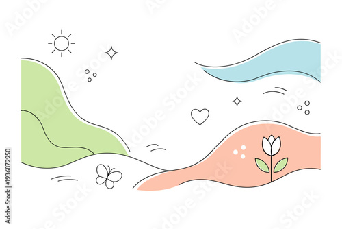 Spring color texture. Abstract waves and rounded shapes softly interacting across the canvas. Peaceful, fresh seasonal vibe suitable for modern editorial