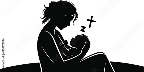 Mother holding newborn baby in arms, loving maternal bond silhouette illustration, breastfeeding mom concept, parenting care, motherhood affection, infant sleep symbol