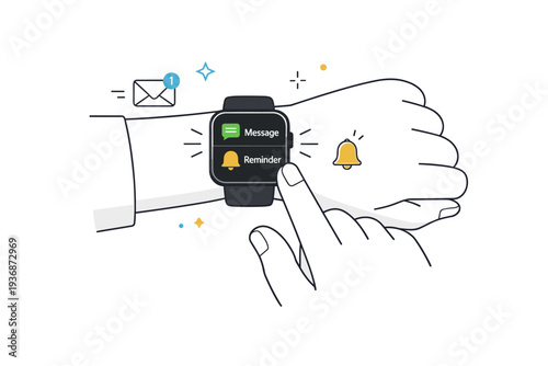 Smartwatch notifications. A person receiving simple message and reminder icons on a smartwatch screen. Connected life, convenience, calm digital interaction.