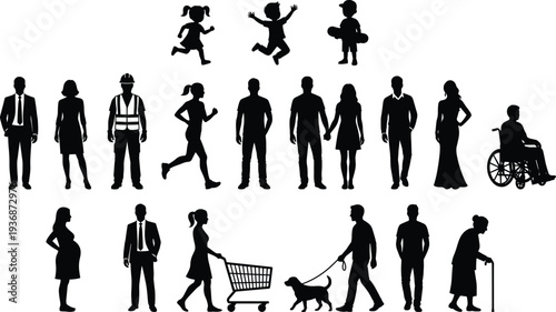 People silhouettes collection, diverse men, women and children including worker, pregnant woman, disabled and elderly person vector illustration isolated on white