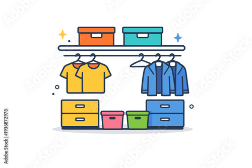 Home organization storage concept shown as a closet section with hangers and boxes aligned symmetrically, conveying harmony and thoughtful design. The scene