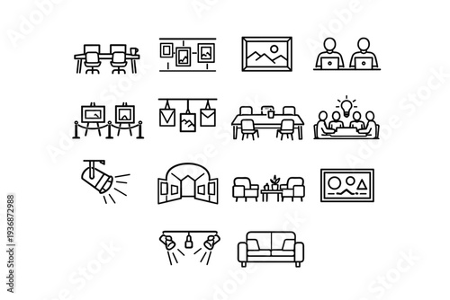Coworking Art Space. Line icon set of Coworking Art Space: coworking desk, art gallery wall, framed artwork, people working laptops, art exhibition stand,