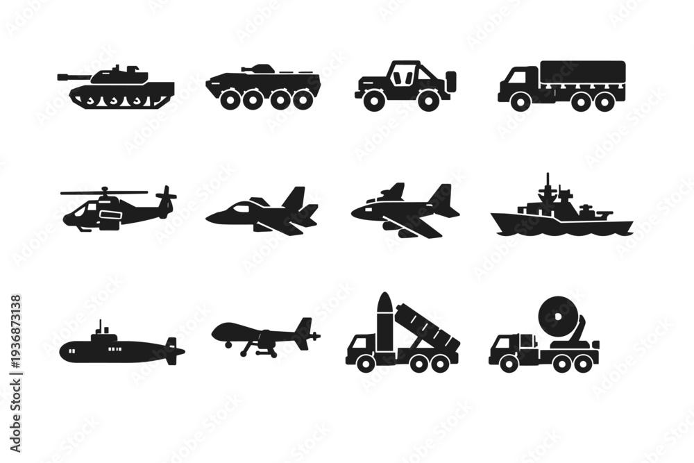 Obraz premium Battlefield Vehicles. Solid icon set of Battlefield Vehicles: main battle tank, armored personnel carrier, military jeep, troop transport truck, attack