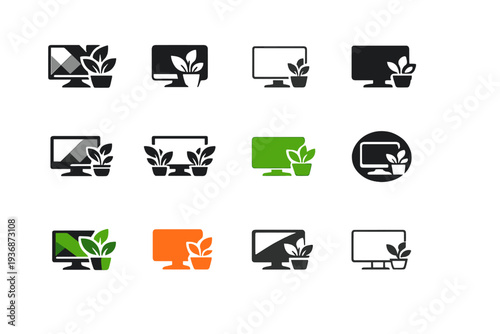 Aesthetic desktop setups. Icon set. Set Logo of aesthetic desktop setups: desk plant and screen. harmonious logo variations of the same emblematic concept,