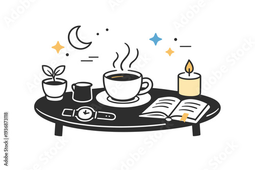 Evening coffee ritual. A soft editorial scene with a cup of coffee on a table under warm light, expressing relaxation and winding down. Quiet atmosphere,