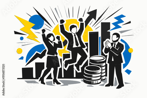 Conceptual modern-retro graphic collage of a business win moment inspired by comics, black and white abstract figures celebrating with upward bars and coins,