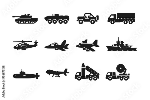 Battlefield Vehicles. Solid icon set of Battlefield Vehicles: main battle tank, armored personnel carrier, military jeep, troop transport truck, attack