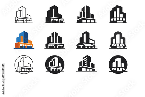 Mixed-use buildings. Icon set. Set Logo of Mixed-use buildings: urban tower with shops and apartments. harmonious logo variations of the same emblematic
