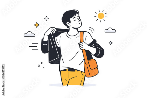 First warm air sensations in everyday routine. Someone pauses mid-walk, loosening a jacket or rolling up sleeves as warmth becomes noticeable. The scene