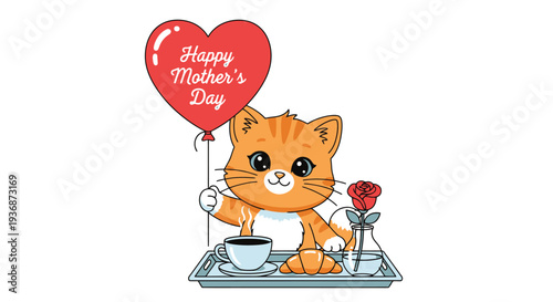 Cute orange cat with heart balloon and breakfast on tray for Mother's Day