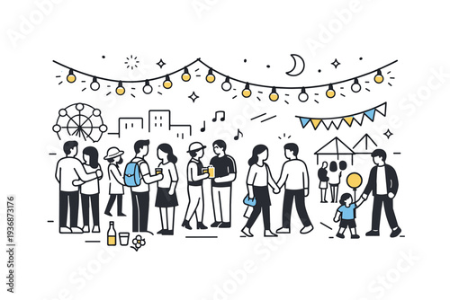 Evening spring festival crowd. Soft lights strung above a city square with people standing and strolling together, creating a warm seasonal gathering mood.