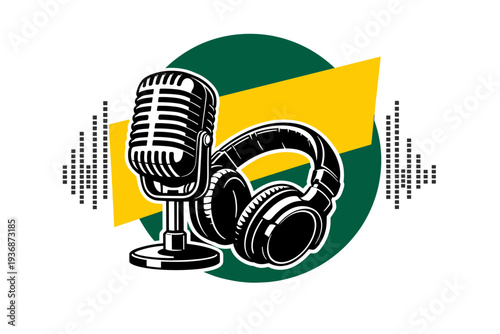 A black-and-white retro microphone and headphones arranged diagonally, outlined with a thin white contour, framed by a large yellow geometric block and deep