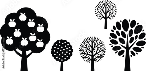 Tree silhouette collection with apple tree, abstract foliage shapes and decorative forest icons, black vector illustration set isolated on white background