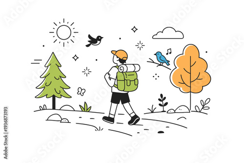 Life close to nature. A person walking along a forest path with a backpack, observing trees and birds. Feeling of simplicity, freedom, and balance. Minimalist